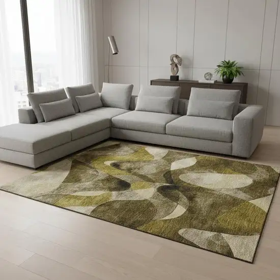 Coffee Gold And Ivory Abstract Washable Area Rug With UV Protection Photo 2