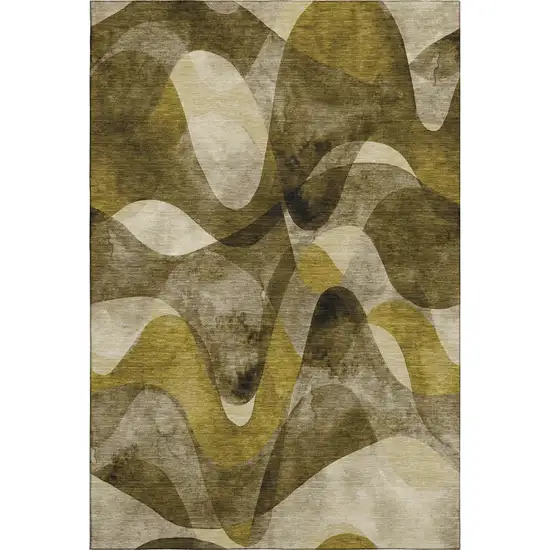 Coffee Gold And Ivory Abstract Washable Area Rug With UV Protection Photo 1