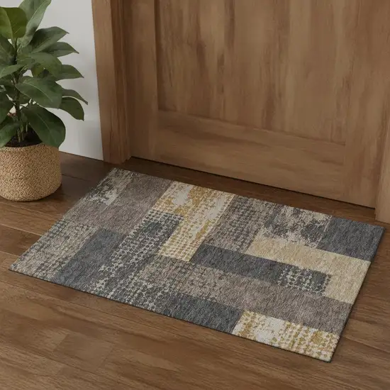 Coffee Gold And Ivory Geometric Washable Area Rug With UV Protection Photo 2