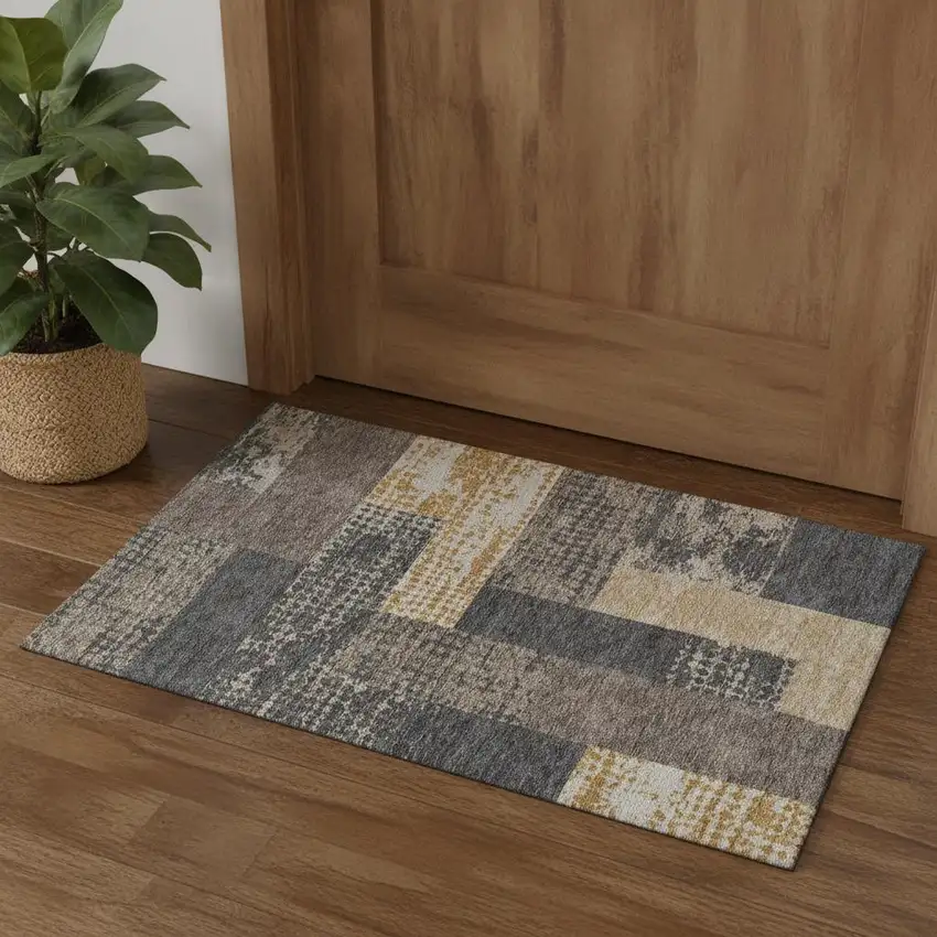 Coffee Gold And Ivory Geometric Washable Area Rug With UV Protection Photo 2