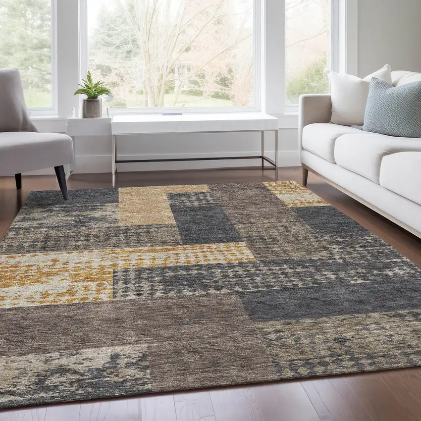 Coffee Gold And Ivory Geometric Washable Area Rug With UV Protection Photo 5