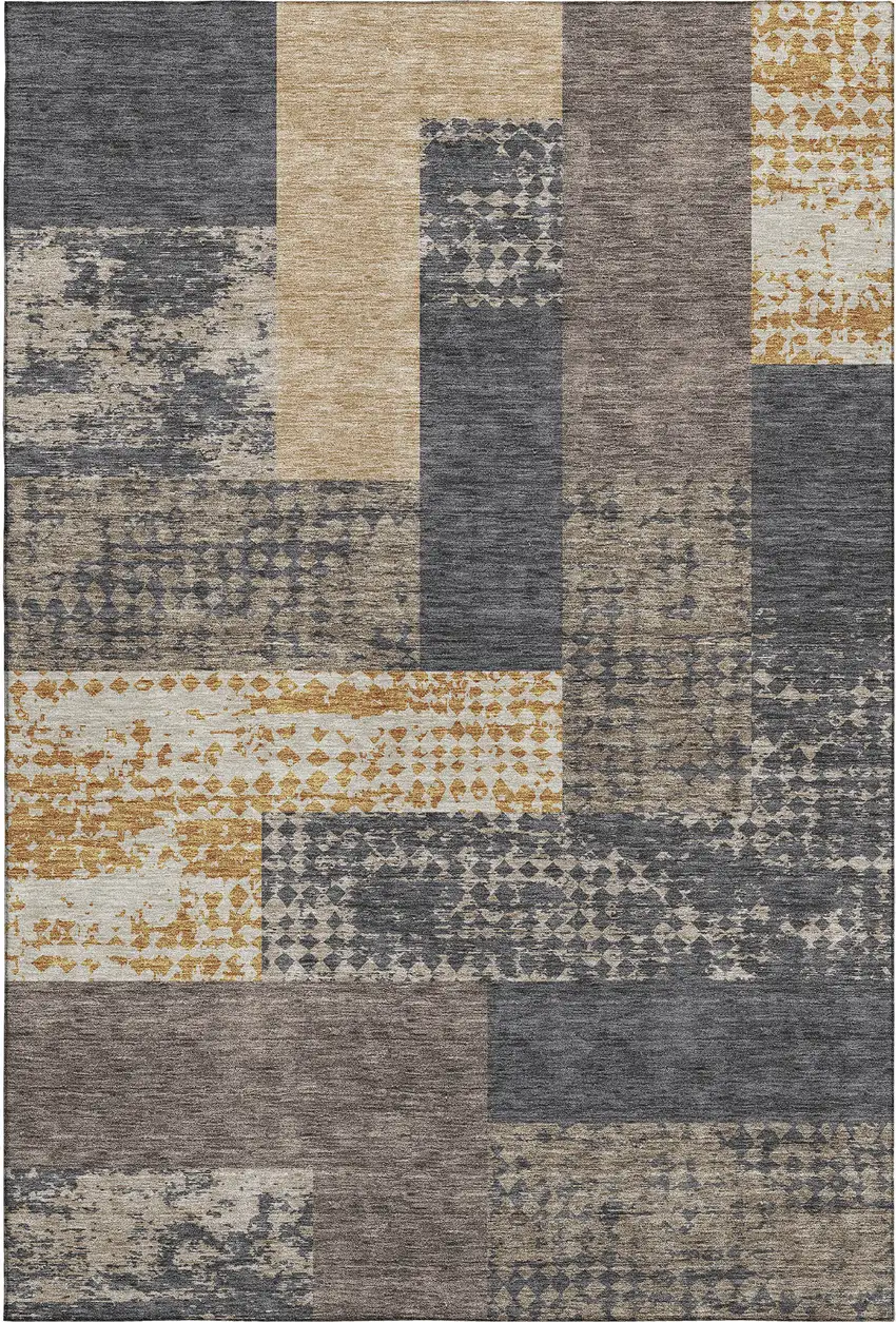 Coffee Gold And Ivory Geometric Washable Area Rug With UV Protection Photo 1