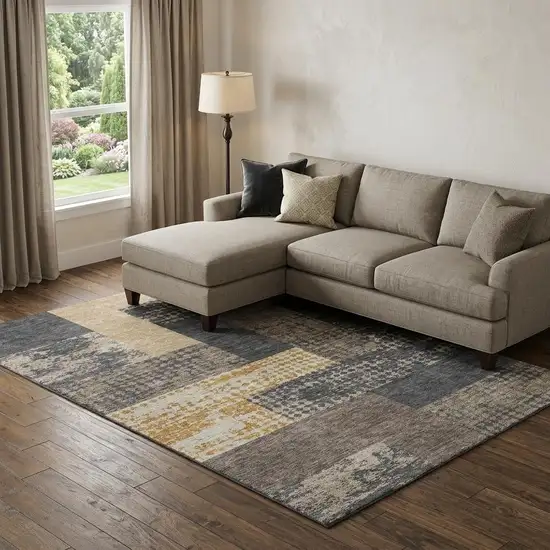 Coffee Gold And Ivory Geometric Washable Area Rug With UV Protection Photo 1