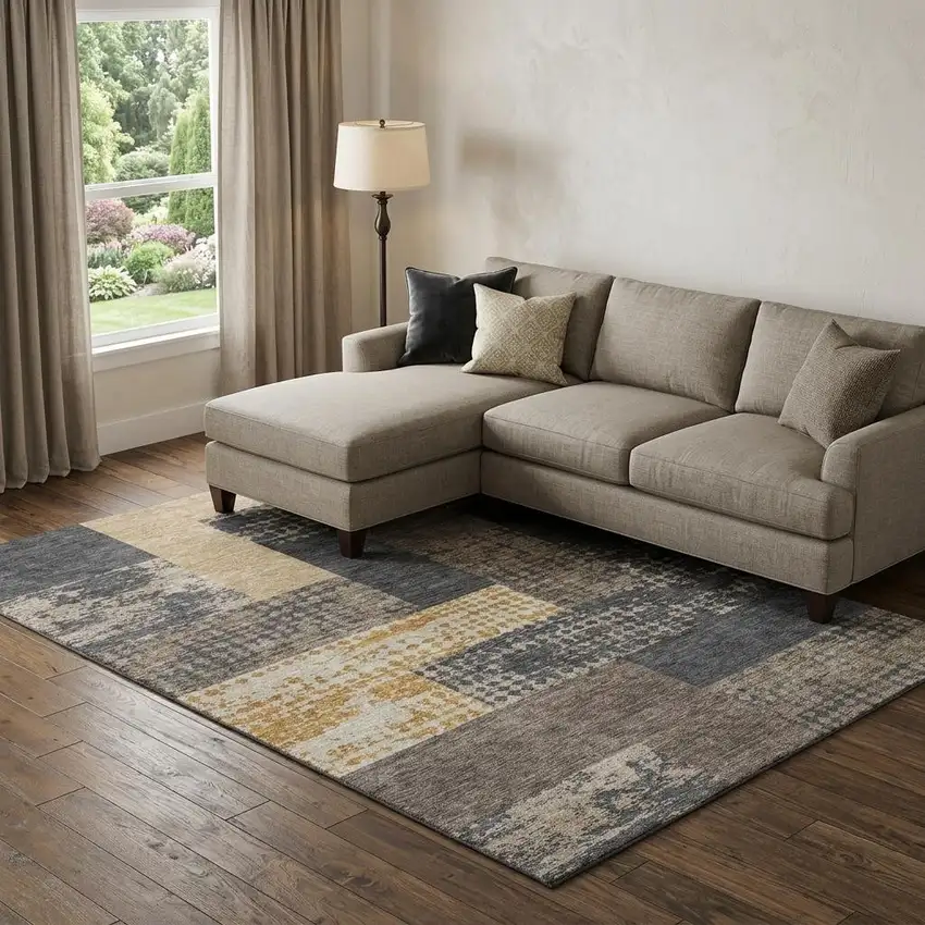 Coffee Gold And Ivory Geometric Washable Area Rug With UV Protection Photo 1