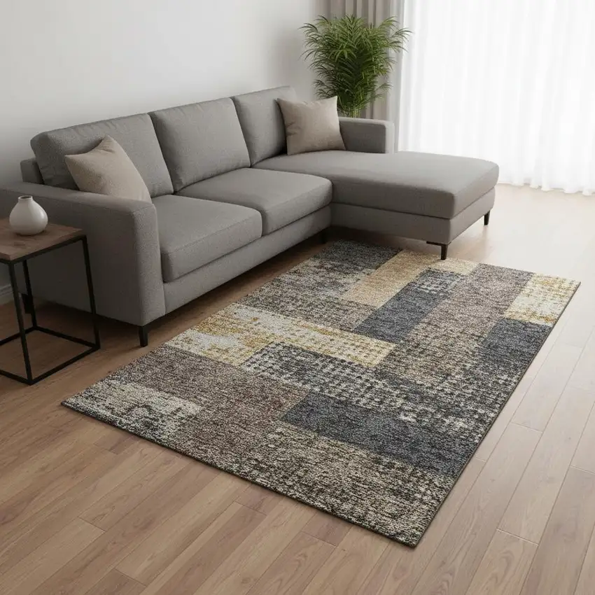 Coffee Gold And Ivory Geometric Washable Area Rug With UV Protection Photo 2