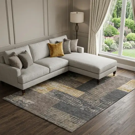 Coffee Gold And Ivory Geometric Washable Area Rug With UV Protection Photo 1
