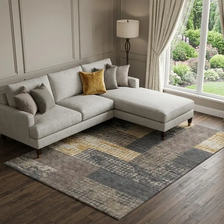 Coffee Gold And Ivory Geometric Washable Area Rug With UV Protection Photo 1