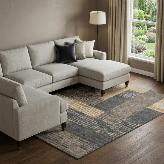 Coffee Gold And Ivory Geometric Washable Area Rug With UV Protection Photo 1