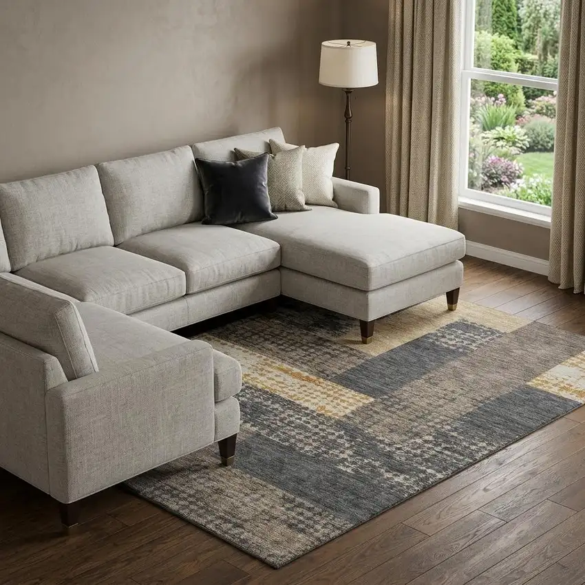 Coffee Gold And Ivory Geometric Washable Area Rug With UV Protection Photo 1