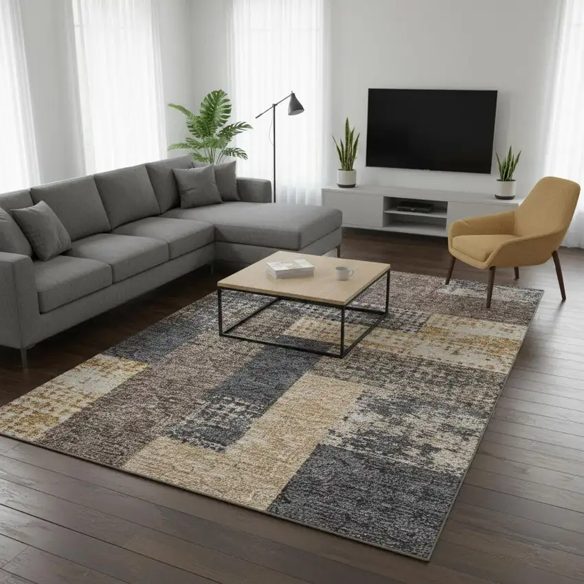 Coffee Gold And Ivory Geometric Washable Area Rug With UV Protection Photo 2