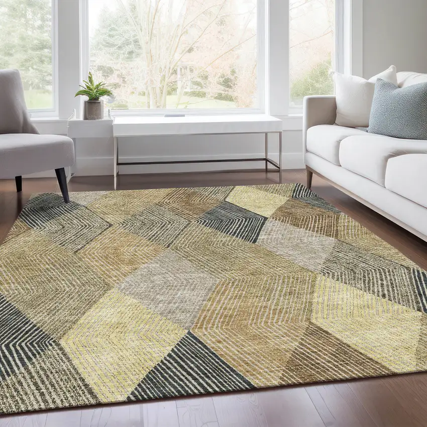 Coffee Gold And Taupe Geometric Washable Area Rug With UV Protection Photo 5