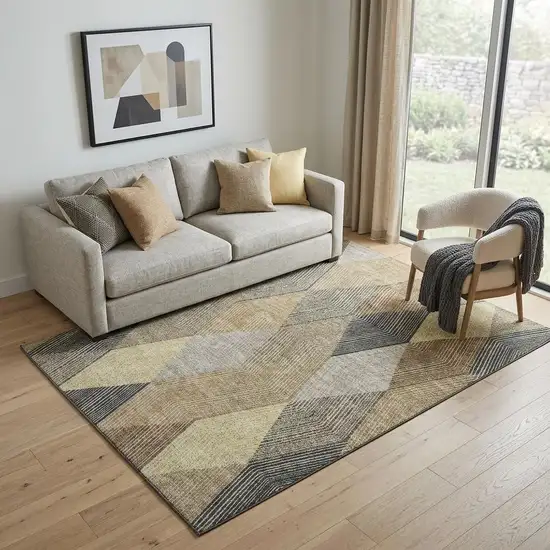 Coffee Gold And Taupe Geometric Washable Area Rug With UV Protection Photo 1