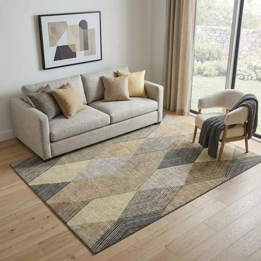Coffee Gold And Taupe Geometric Washable Area Rug With UV Protection Photo 1