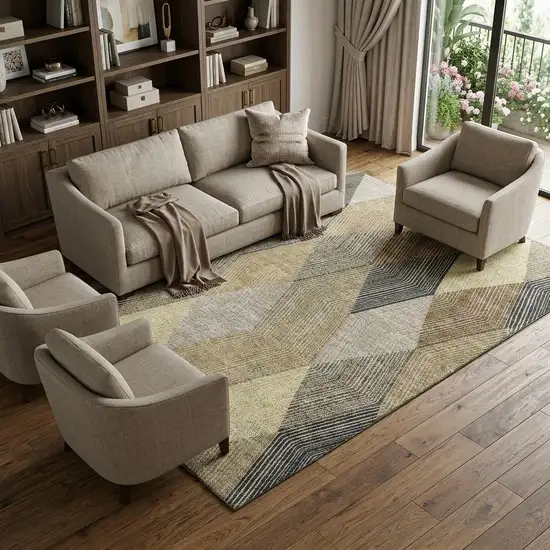 Coffee Gold And Taupe Geometric Washable Area Rug With UV Protection Photo 1