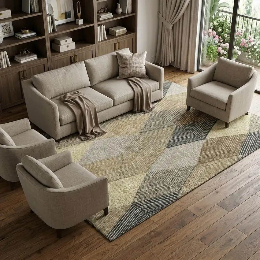 Coffee Gold And Taupe Geometric Washable Area Rug With UV Protection Photo 1