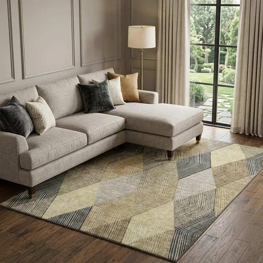 Coffee Gold And Taupe Geometric Washable Area Rug With UV Protection Photo 1