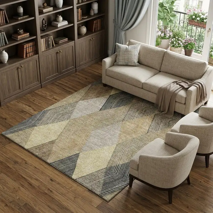 Coffee Gold And Taupe Geometric Washable Area Rug With UV Protection Photo 1