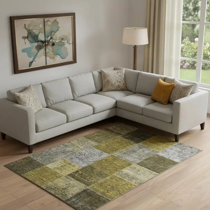 Coffee Gold And Taupe Patchwork Washable Area Rug With UV Protection Photo 3