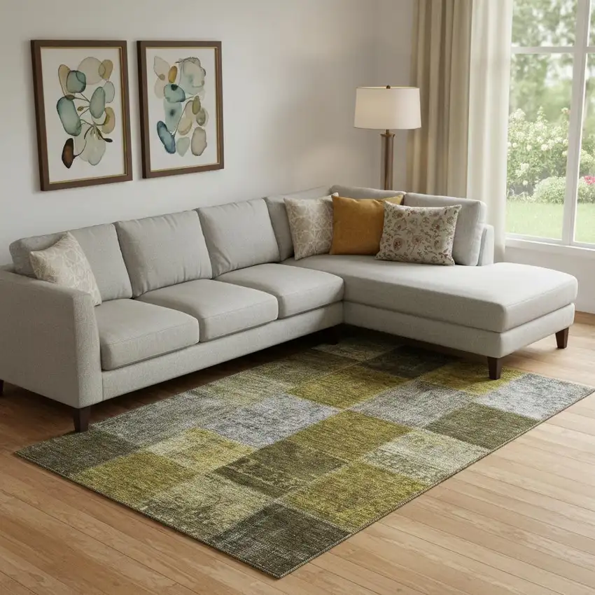 Coffee Gold And Taupe Patchwork Washable Area Rug With UV Protection Photo 1