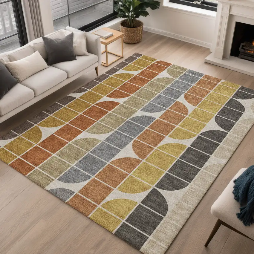 Coffee Gold Gray And Beige Geometric Washable Indoor Outdoor Area Rug Photo 5