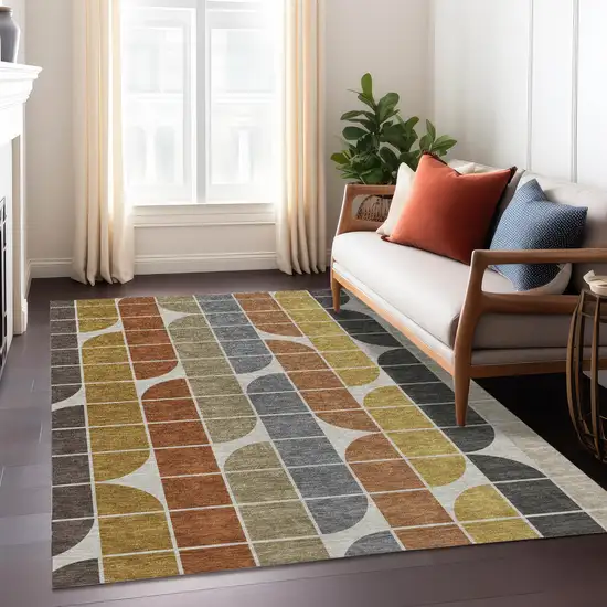 Coffee Gold Gray And Beige Geometric Washable Indoor Outdoor Area Rug Photo 6
