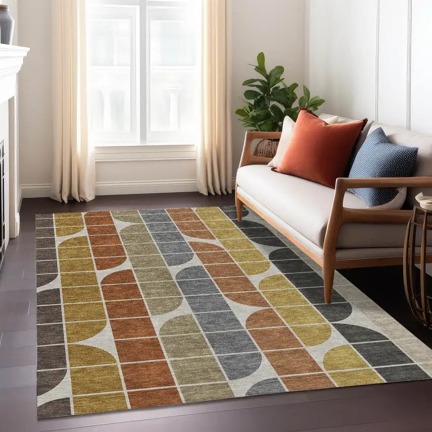 Coffee Gold Gray And Beige Geometric Washable Indoor Outdoor Area Rug Photo 6
