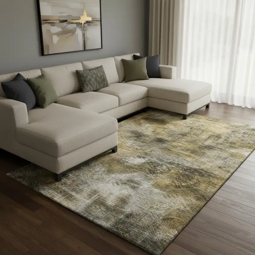 Coffee Gray And Ivory Abstract Washable Area Rug With UV Protection Photo 1