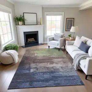 Photo of Coffee Green And Blue Abstract Washable Area Rug With UV Protection