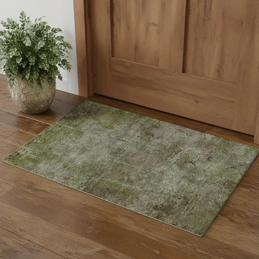 Coffee Green And Taupe Abstract Washable Area Rug With UV Protection Photo 1