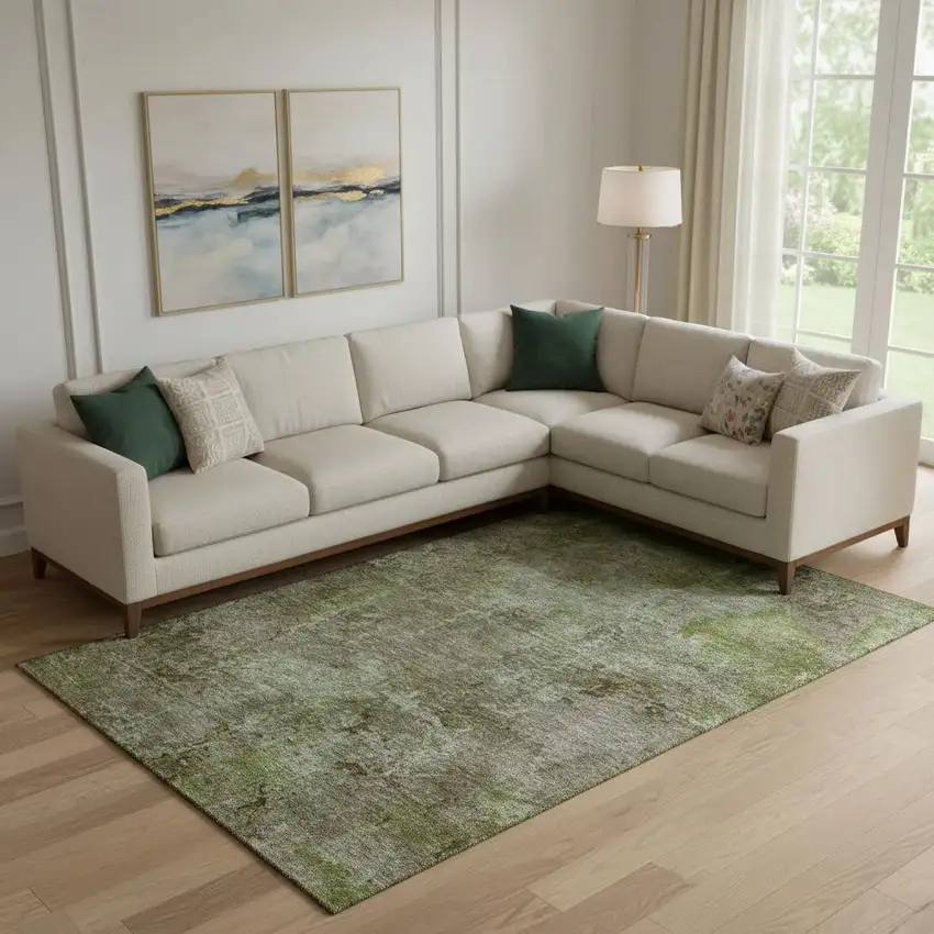 Coffee Green And Taupe Abstract Washable Area Rug With UV Protection Photo 2