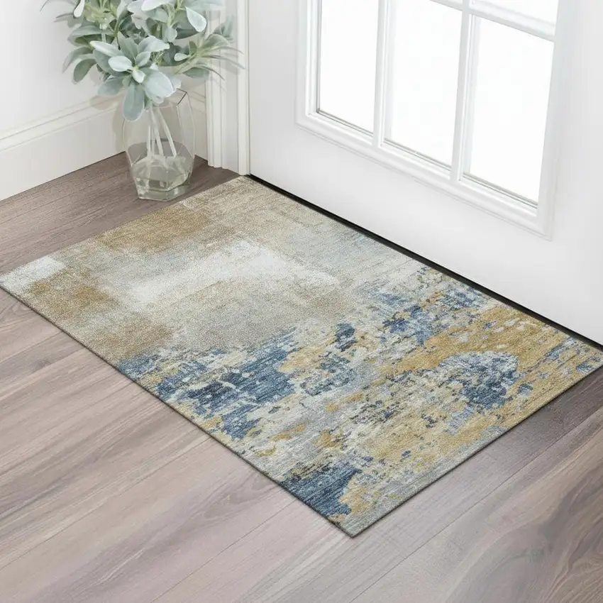 Coffee Ivory And Blue Abstract Washable Area Rug With UV Protection Photo 2