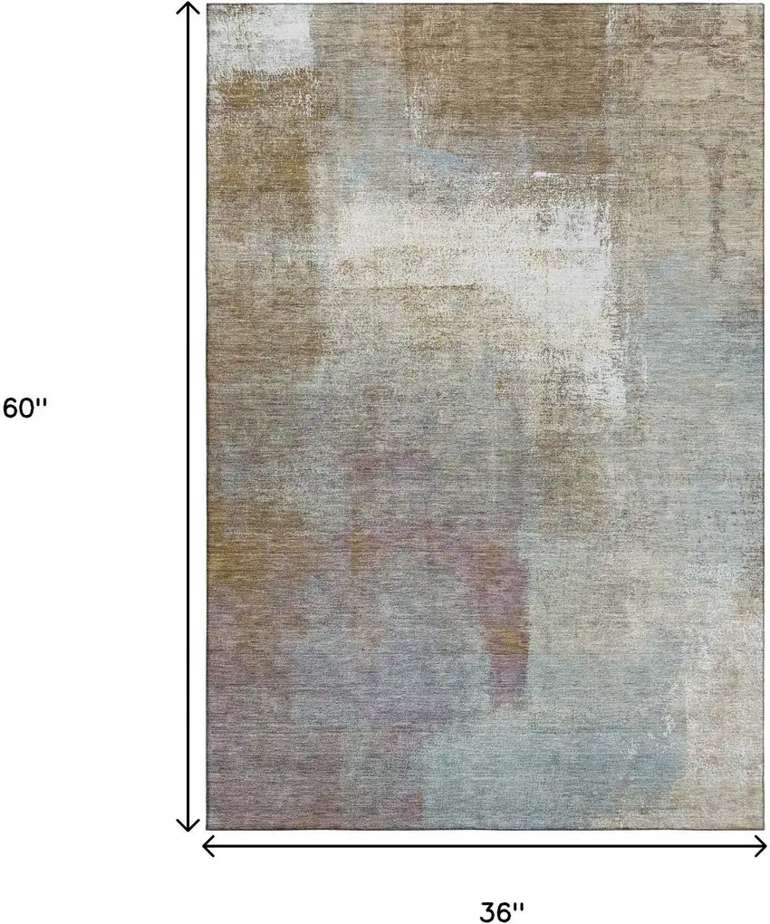 Coffee Ivory And Blue Abstract Washable Area Rug With UV Protection Photo 3