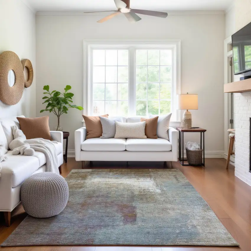 Coffee Ivory And Blue Abstract Washable Area Rug With UV Protection Photo 5