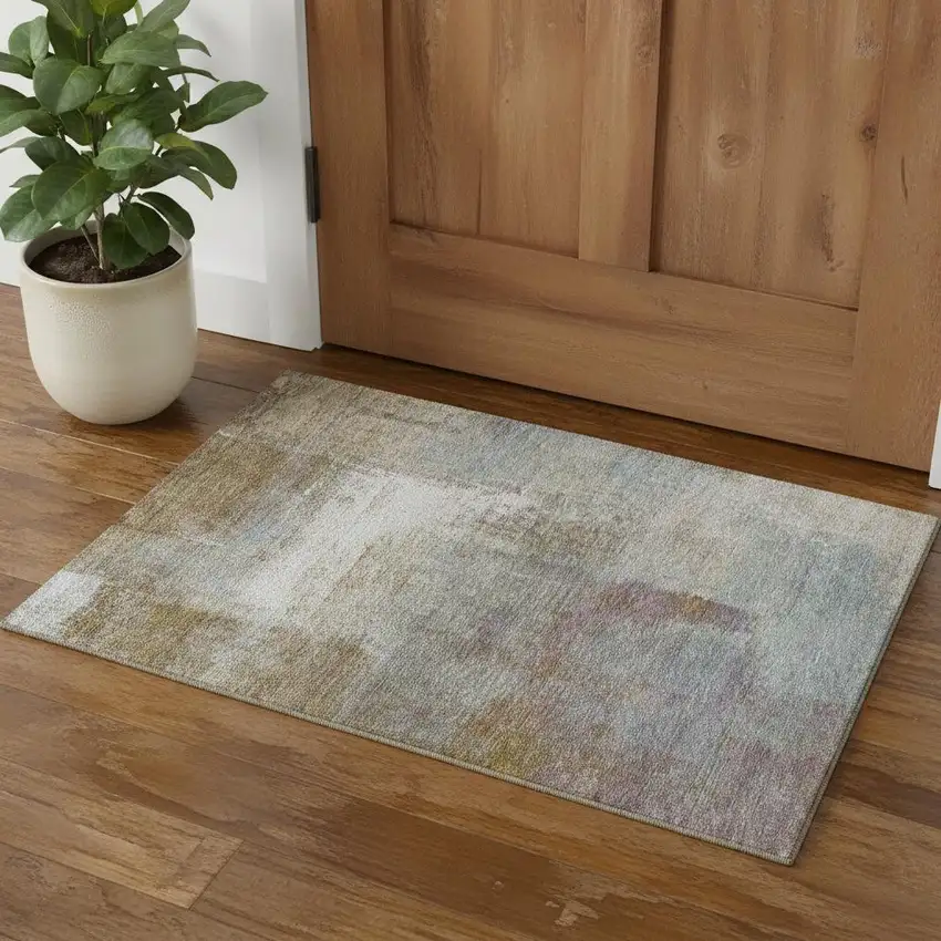 Coffee Ivory And Blue Abstract Washable Area Rug With UV Protection Photo 1
