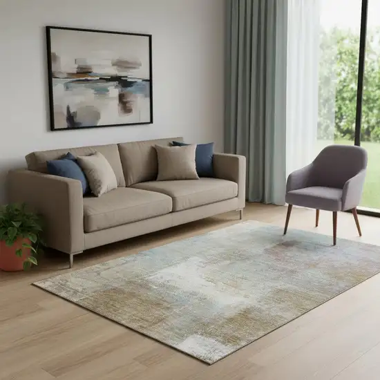 Coffee Ivory And Blue Abstract Washable Area Rug With UV Protection Photo 2
