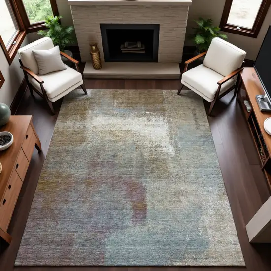 Coffee Ivory And Blue Abstract Washable Area Rug With UV Protection Photo 4