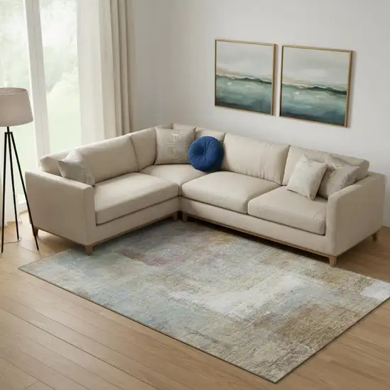 Coffee Ivory And Blue Abstract Washable Area Rug With UV Protection Photo 2