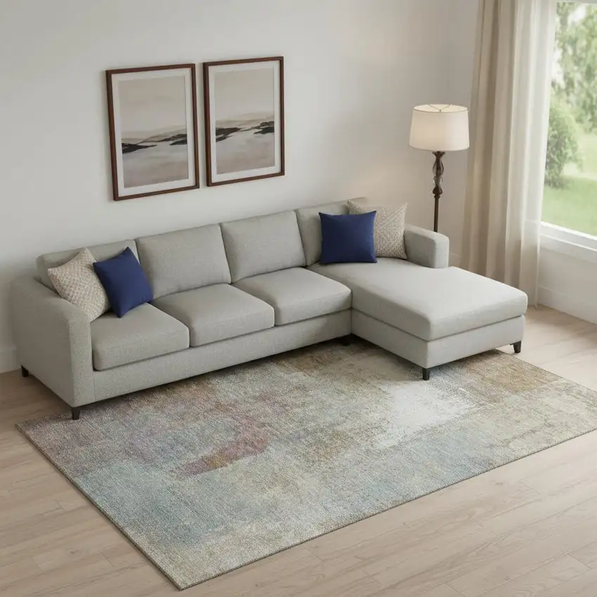 Coffee Ivory And Blue Abstract Washable Area Rug With UV Protection Photo 2