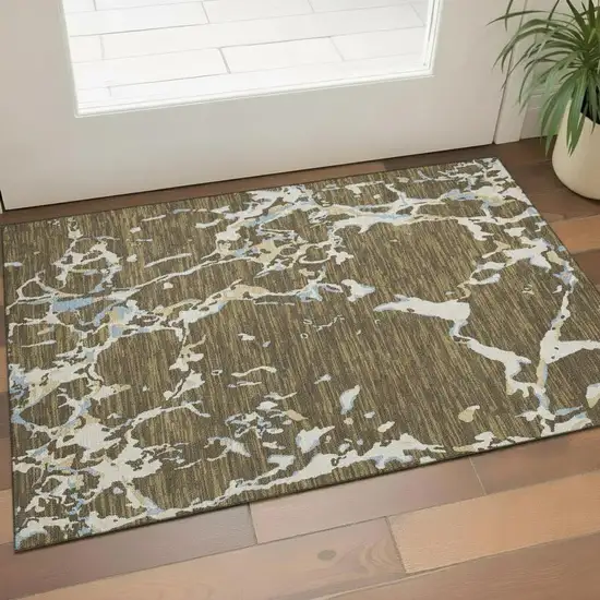 Coffee Ivory And Blue Striped Washable Area Rug With UV Protection Photo 2