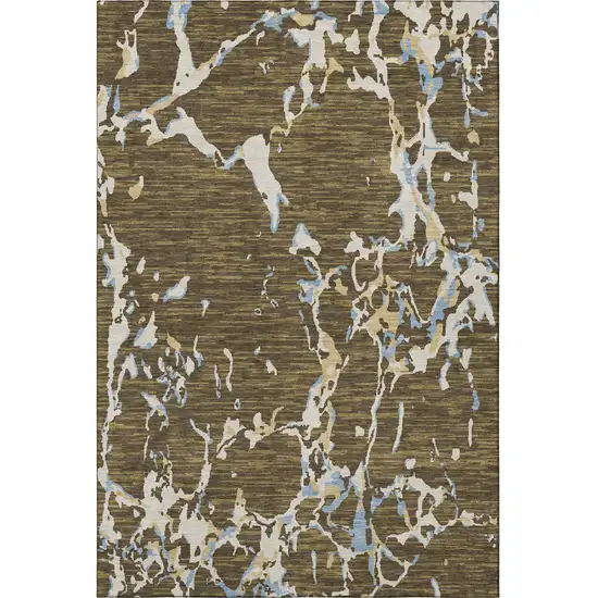 Coffee Ivory And Blue Striped Washable Area Rug With UV Protection Photo 3