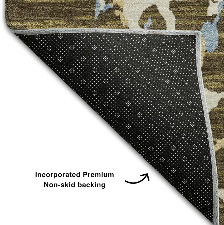 Coffee Ivory And Blue Striped Washable Area Rug With UV Protection Photo 7