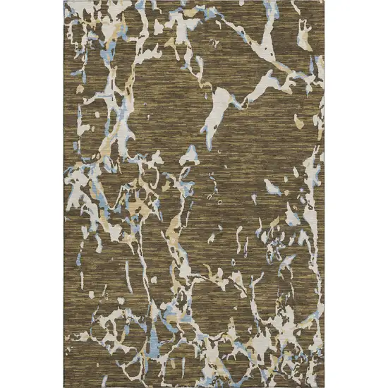 Coffee Ivory And Blue Striped Washable Area Rug With UV Protection Photo 1