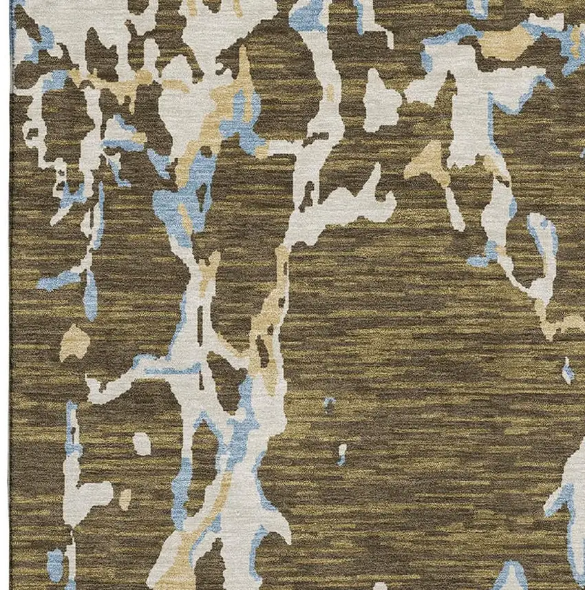 Coffee Ivory And Blue Striped Washable Area Rug With UV Protection Photo 2