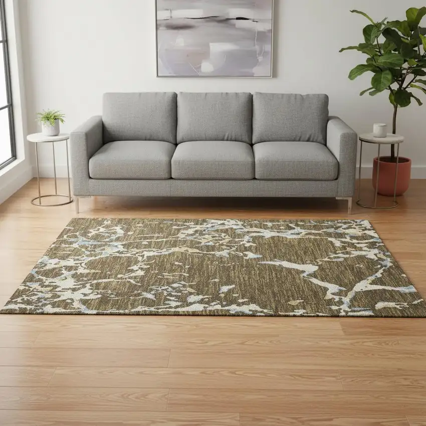 Coffee Ivory And Blue Striped Washable Area Rug With UV Protection Photo 2