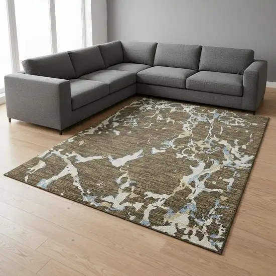 Coffee Ivory And Blue Striped Washable Area Rug With UV Protection Photo 2