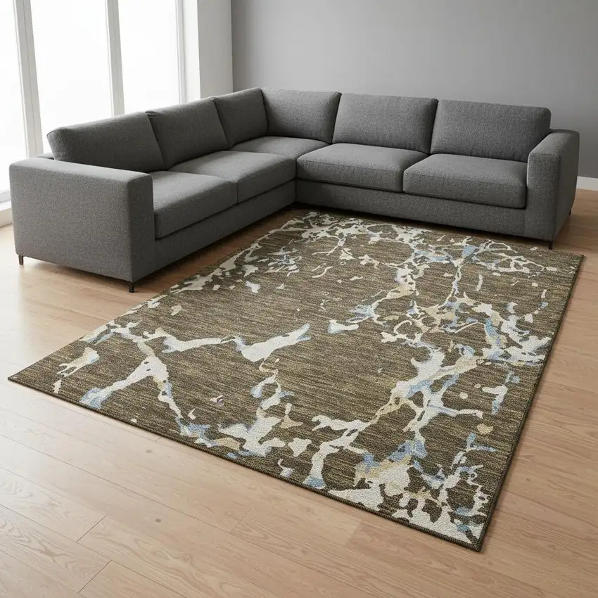 Coffee Ivory And Blue Striped Washable Area Rug With UV Protection Photo 2