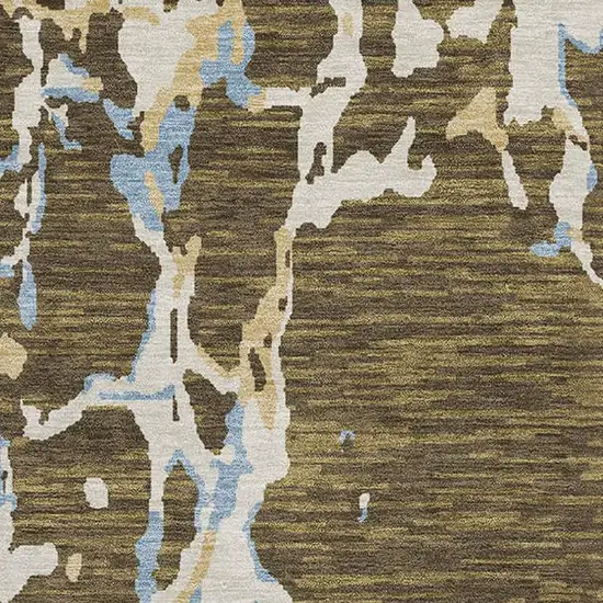 Coffee Ivory And Blue Striped Washable Area Rug With UV Protection Photo 2