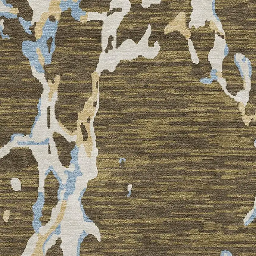 Coffee Ivory And Blue Striped Washable Area Rug With UV Protection Photo 2