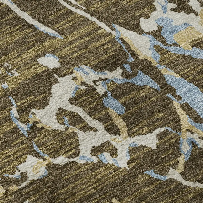 Coffee Ivory And Blue Striped Washable Area Rug With UV Protection Photo 9