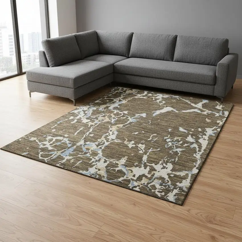 Coffee Ivory And Blue Striped Washable Area Rug With UV Protection Photo 2